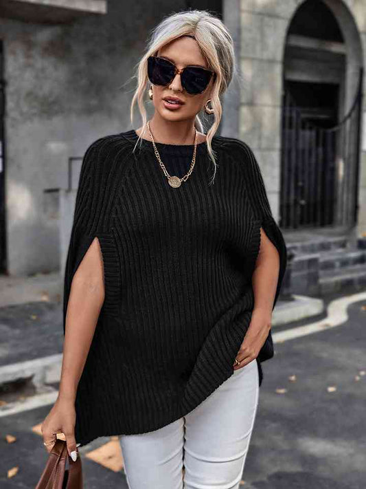 Ribbed Slit-Sleeve Knit Top