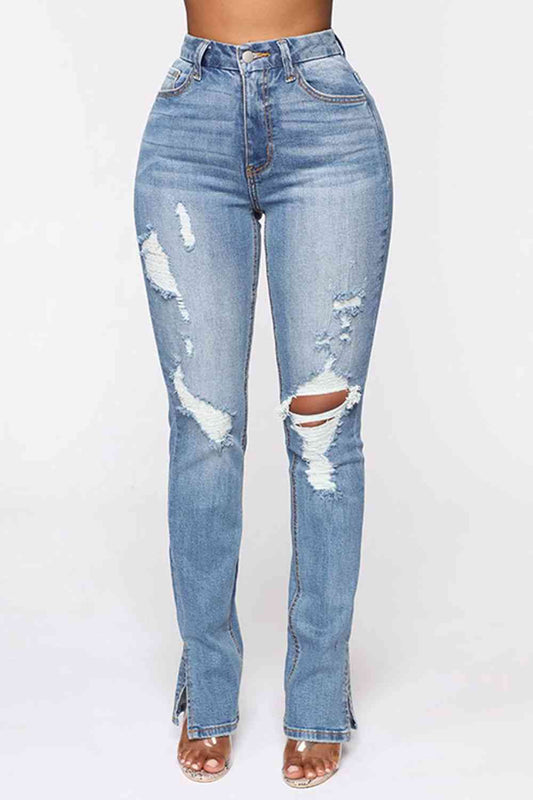 Distressed Light Washed Slit Jeans