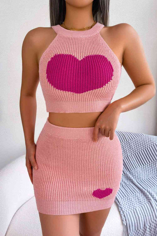 Big Heart Ribbed Knit Skirt Set