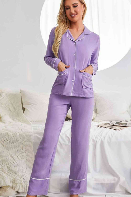 Contrast Lapel Collar Shirt and Pants Pajama Set
